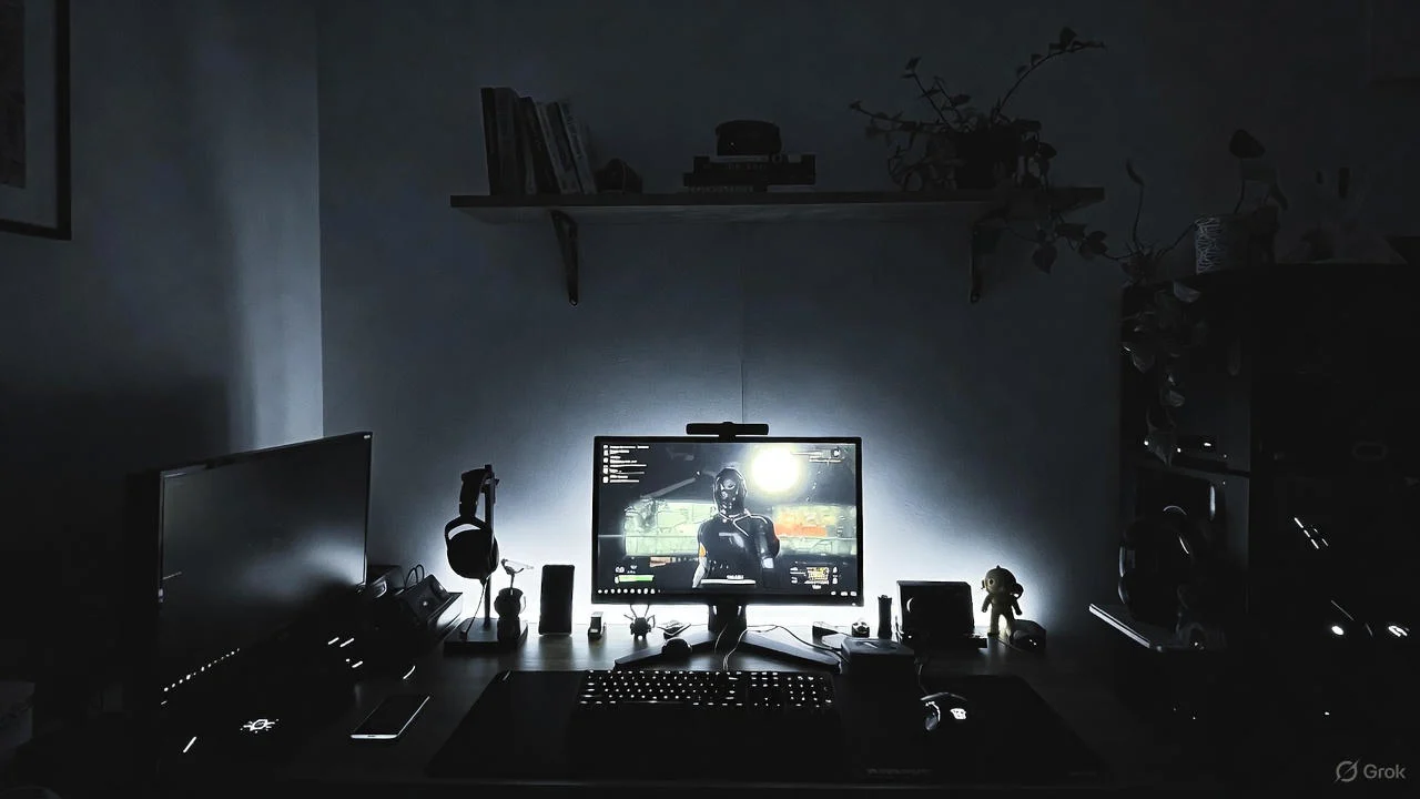 A dark gaming setup with a computer screen showing a game