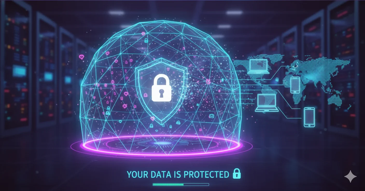 A person using a laptop with a lock icon overlay, symbolizing digital privacy and security